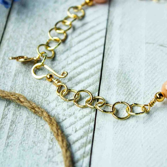 Peach Aventurine Bead Bracelet with Handmade Gold Chain Links - Picture 9 of 15